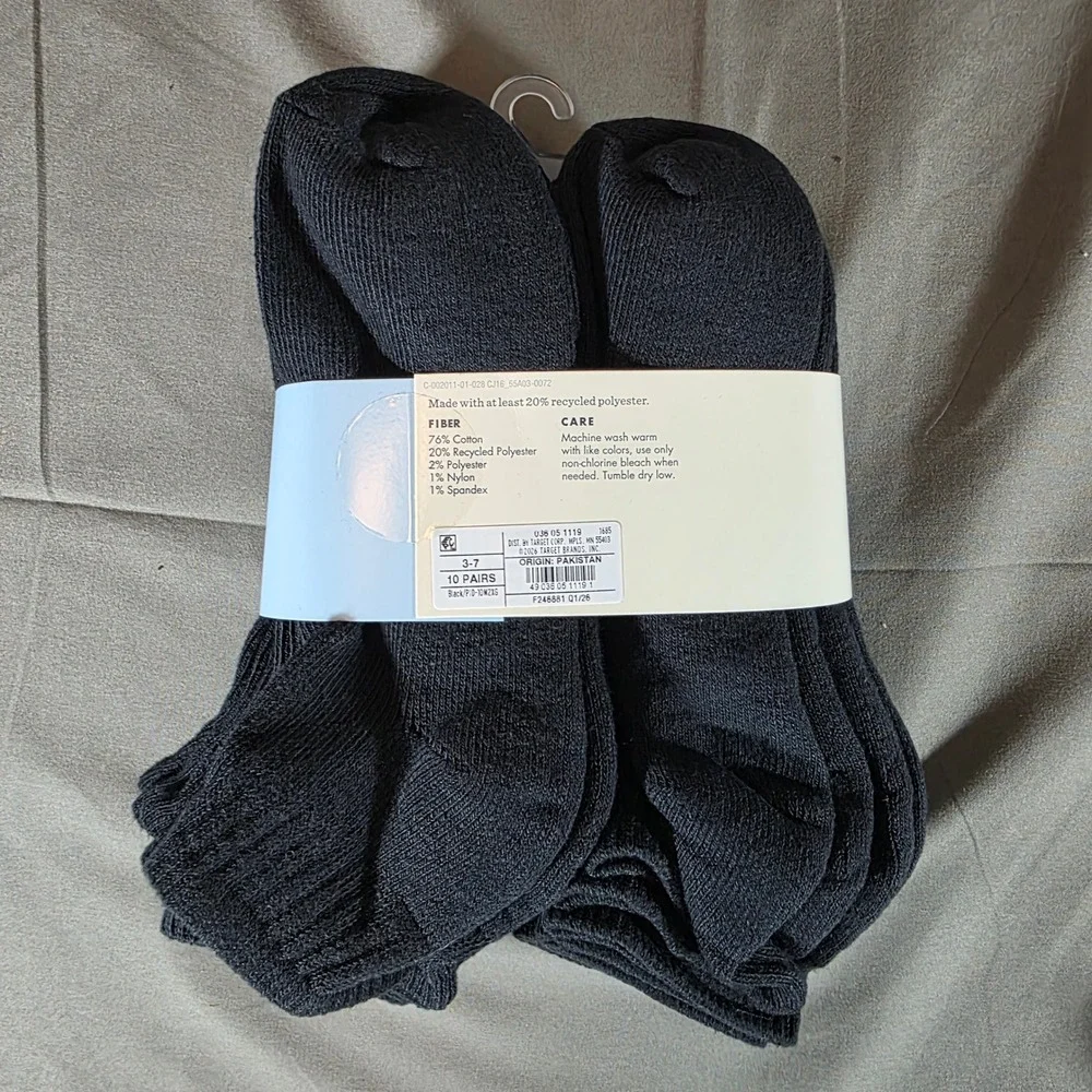 Cat & Jack Kids Black Ankle Socks 10 Pair Pack Cushioned Sole Size L 3-7